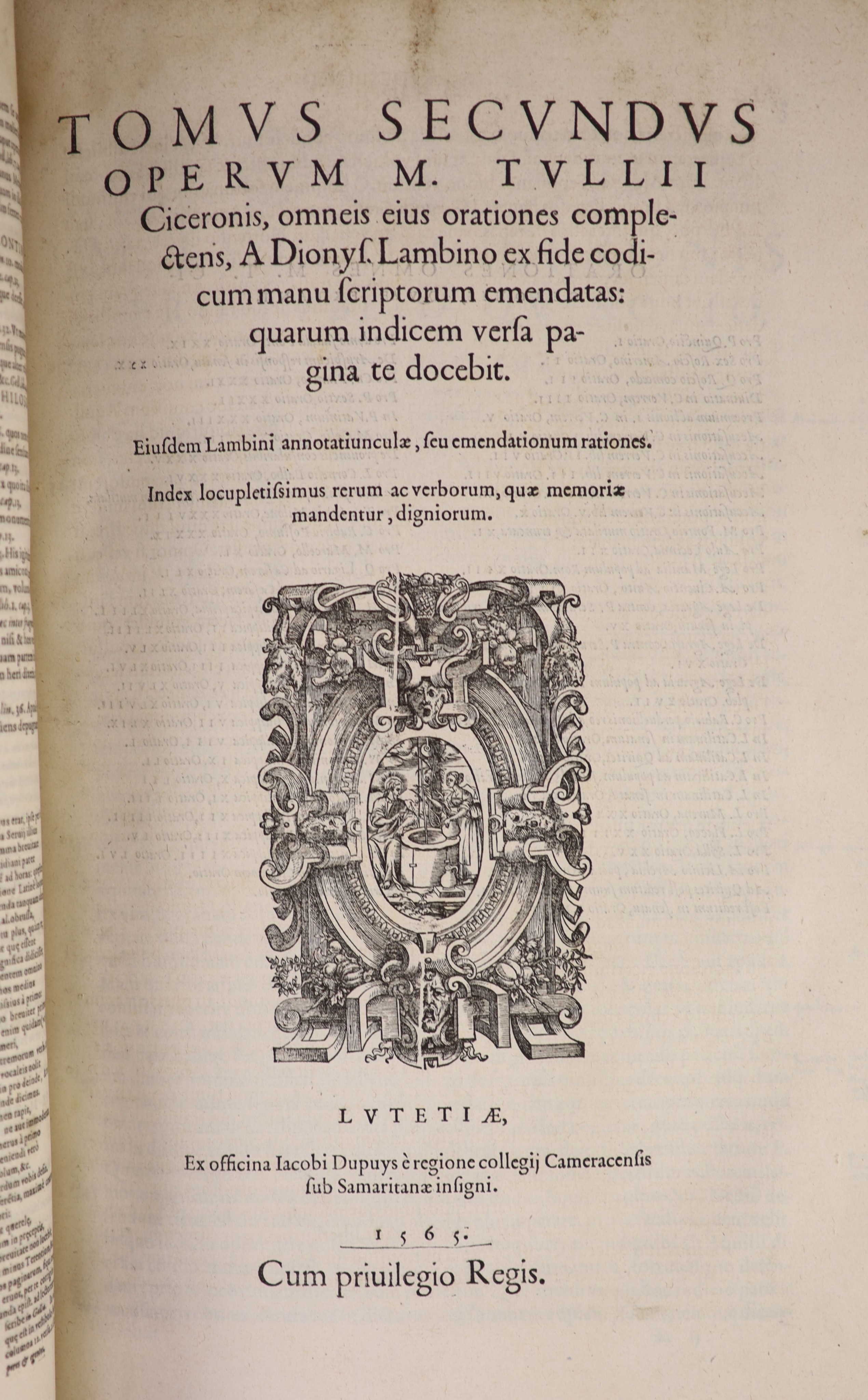 Cicero - Opera Omnia, quae exstant. A Dionysio Lambino monstroliensi ex codicibus manuscriptis emendata ... 4 parts (in 2 vols). pictorial engraved title (Part 1), engraved